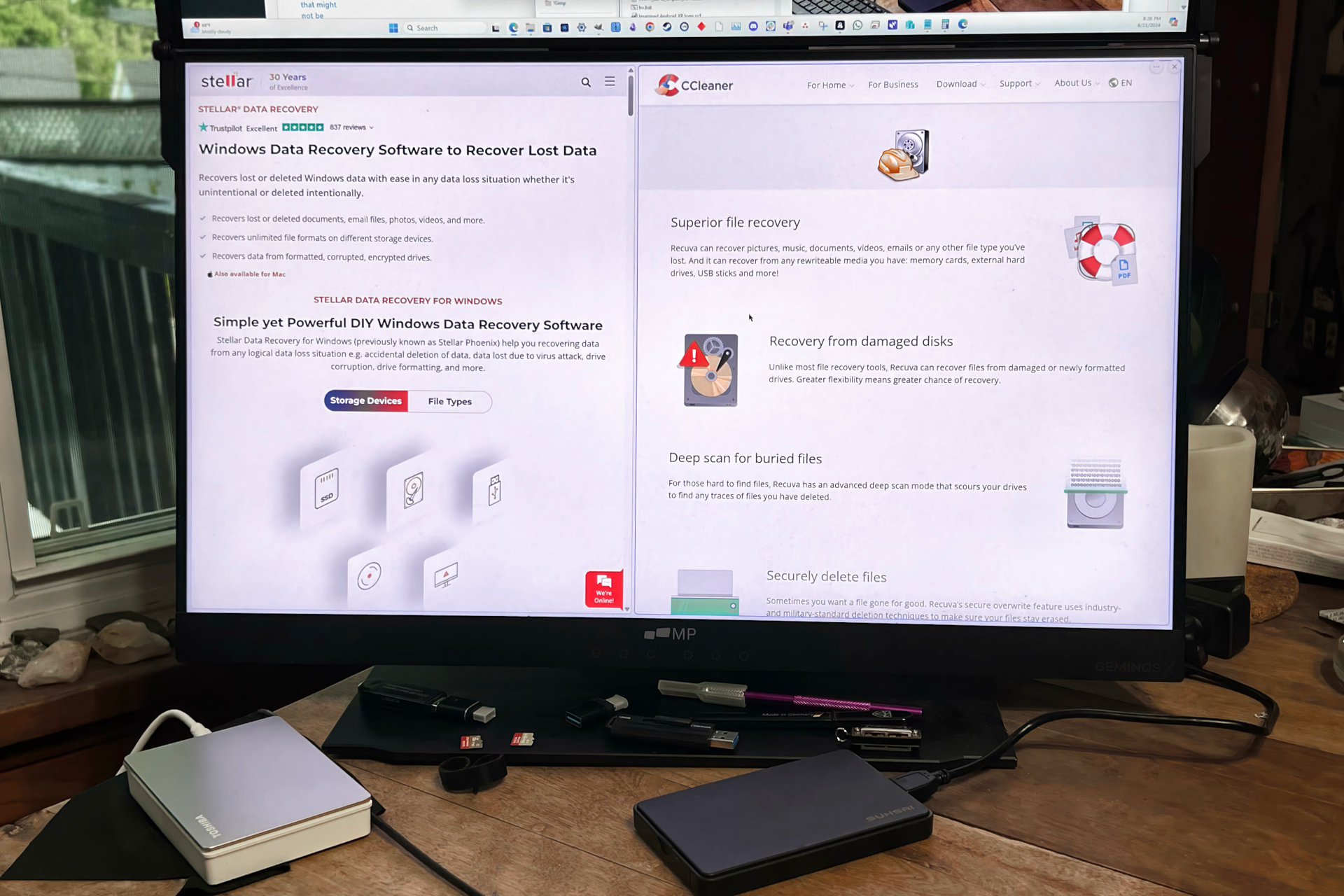 A photo shows Stellar Data Recovery Premium and Recuva Professional side-by-side on a PC monitor
