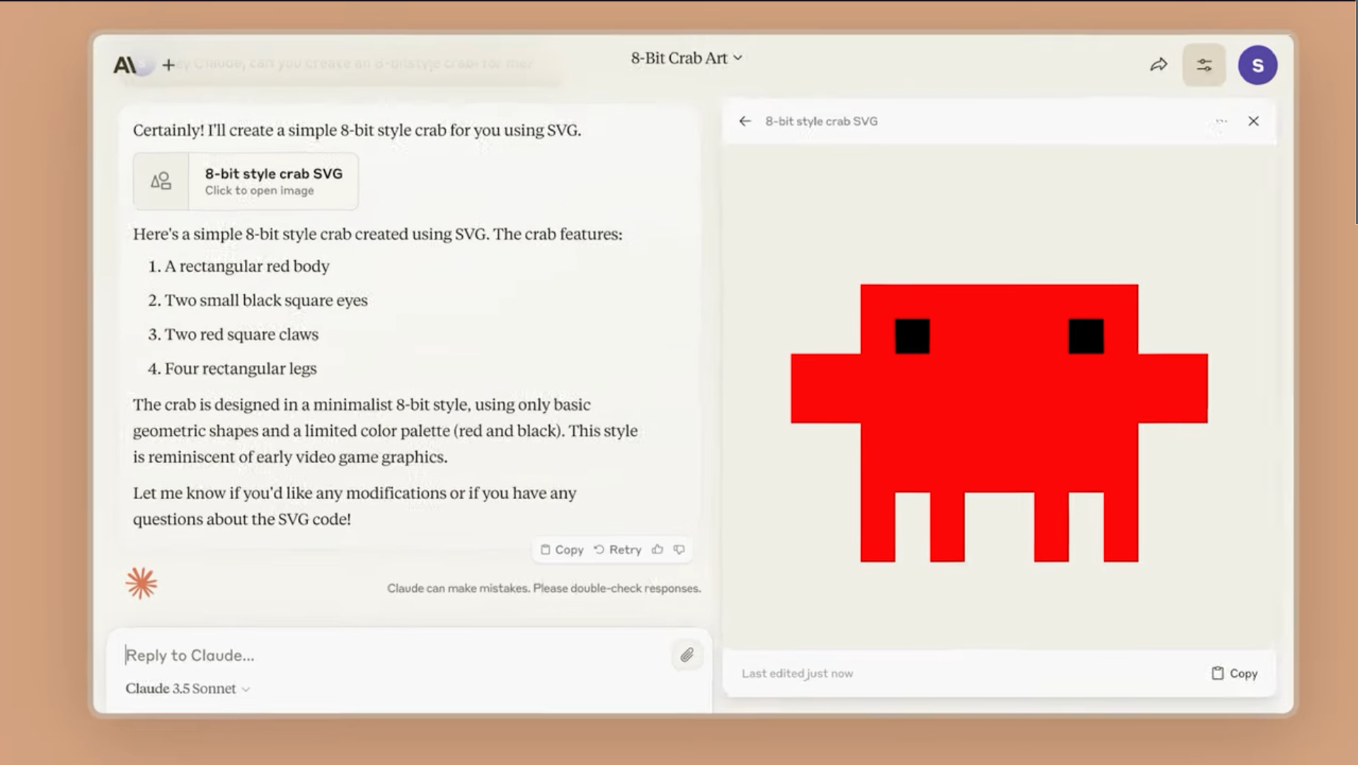 a screenshot of claude 3.5 sonnet, with an 8-bit crab