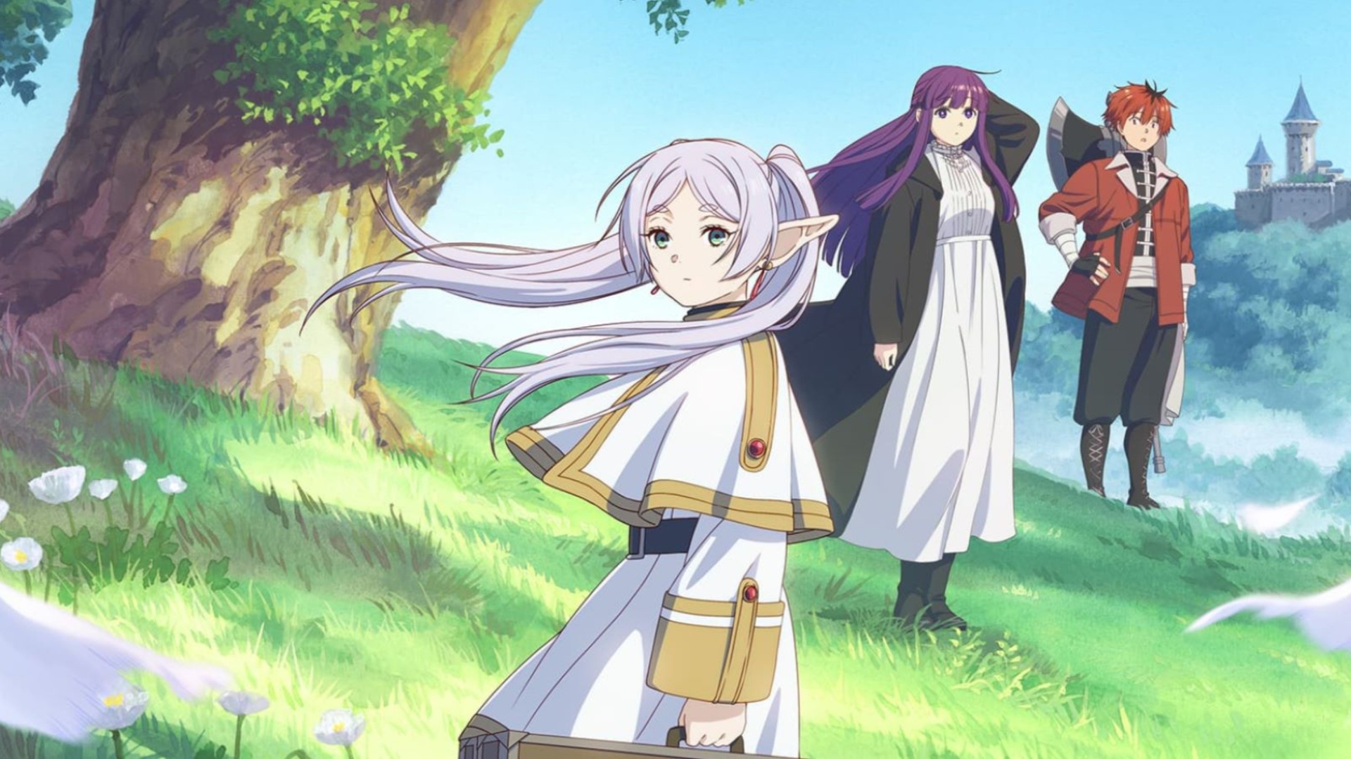 Frieren on a grassy hill with her supporting cast in Frieren: Beyond Journey's End anime key art.