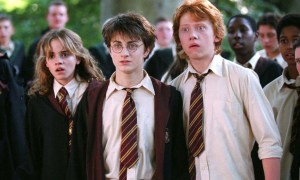 Harry, Hermoine, and Ron stand next to each other in a line.