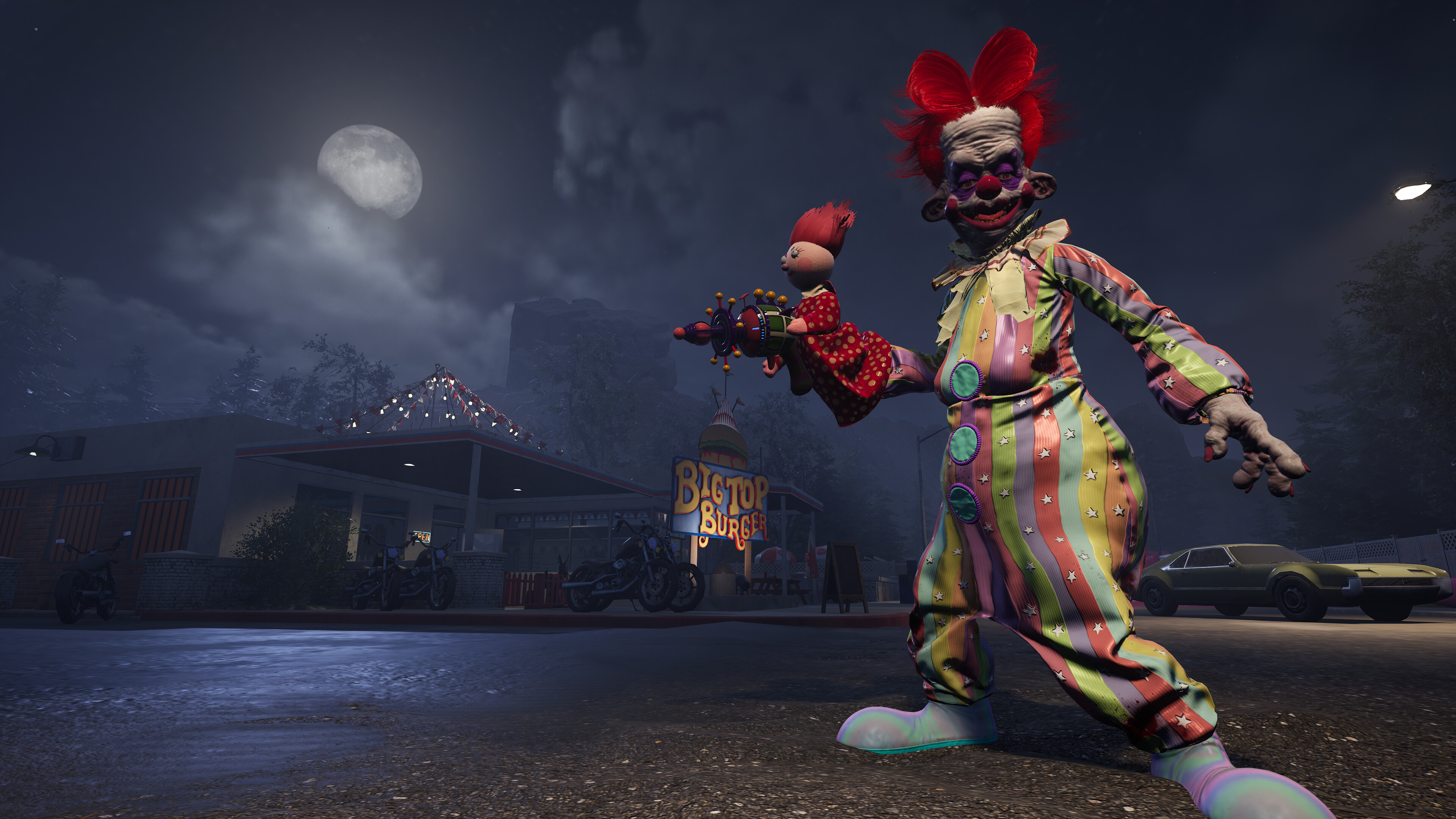 A scary clown with some sort of puppet gun in Killer Klowns from Outer Space.