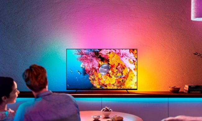 A TV with ambient backlighting from Philips Hue.