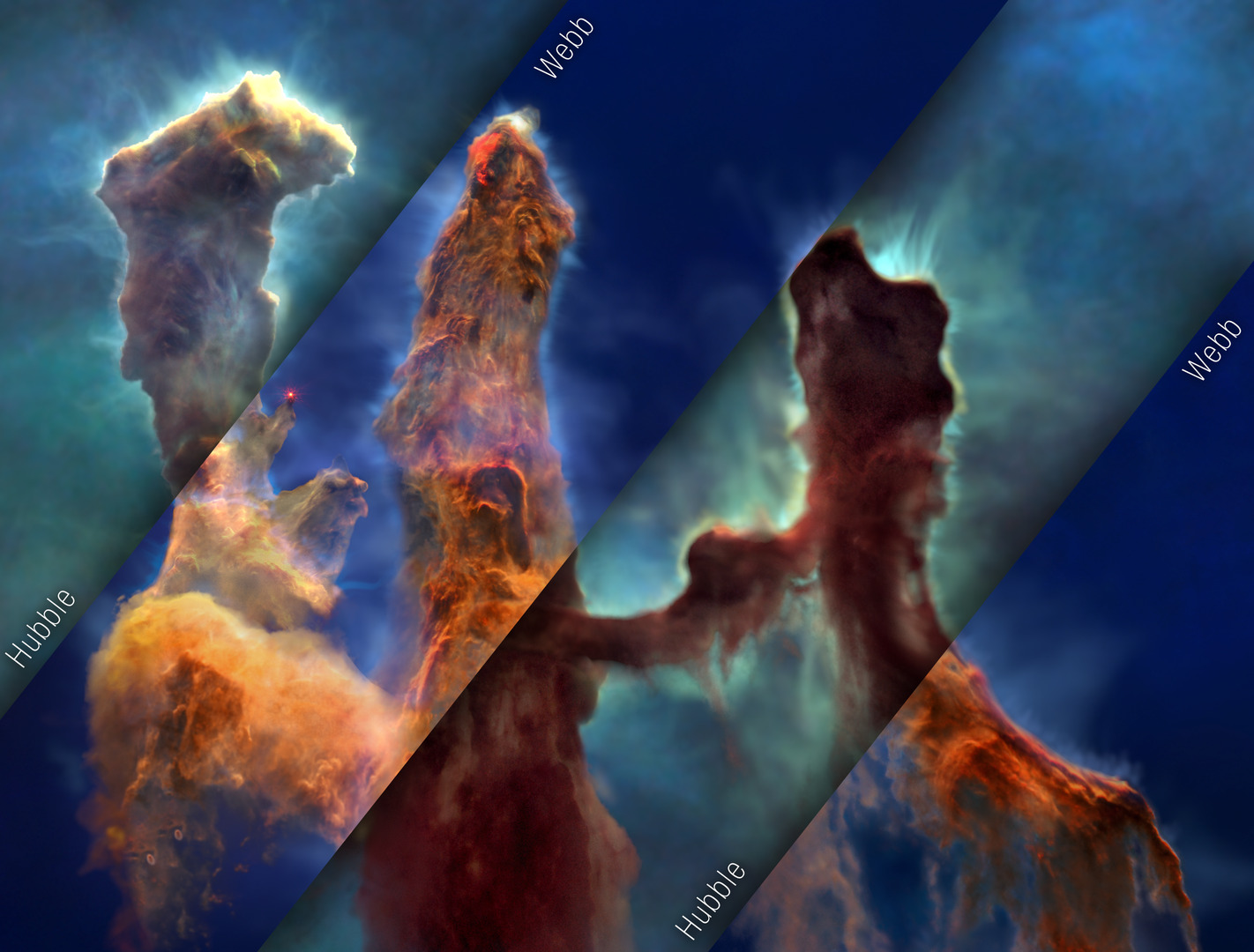 This image is a mosaic of visible-light and infrared-light views of the same frame from the Pillars of Creation visualization. The three-dimensional model of the pillars created for the visualization sequence is alternately shown in the Hubble Space Telescope version (visible light) and the Webb Space Telescope version (infrared light).