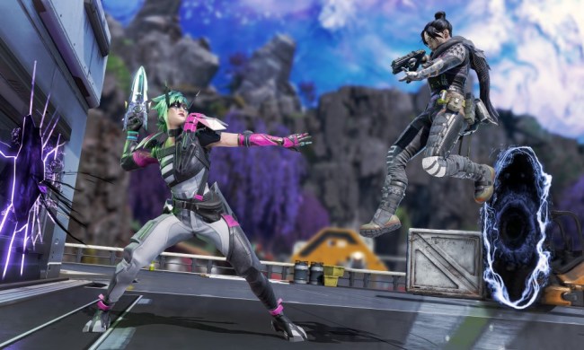 Two characters face off at close range in Apex Legends.