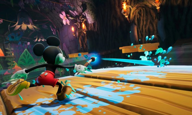 Mickey flinging blue paint from his paintbrush while running.