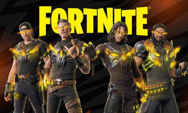 James Hetfield, Lars Ulrich, Kirk Hammett, and Robert Trujillo in their Puppet Master Fortnite outfits. Flames are coming out of their eyes.