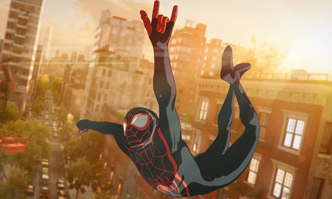 An animated Miles Morales swinging around in Marvel's Spider-Man 2 video game