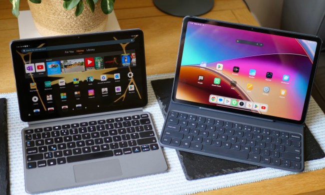 The Amazon Fire Max 11 and Poco Pad in their keyboard cases.