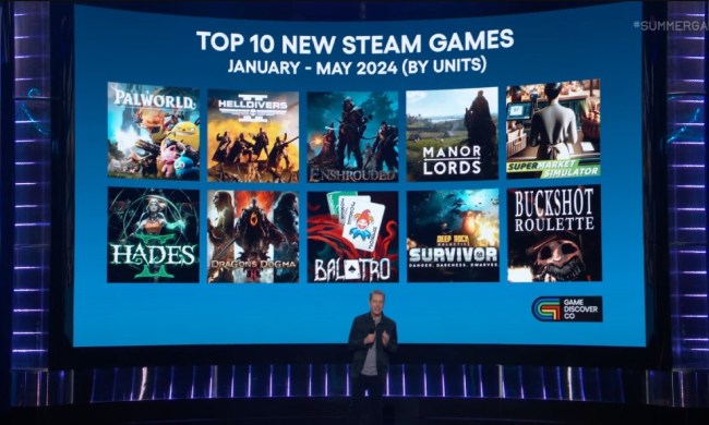 Geoff Keighley shows a slide showing the top 10 selling Steam Games of 2024.