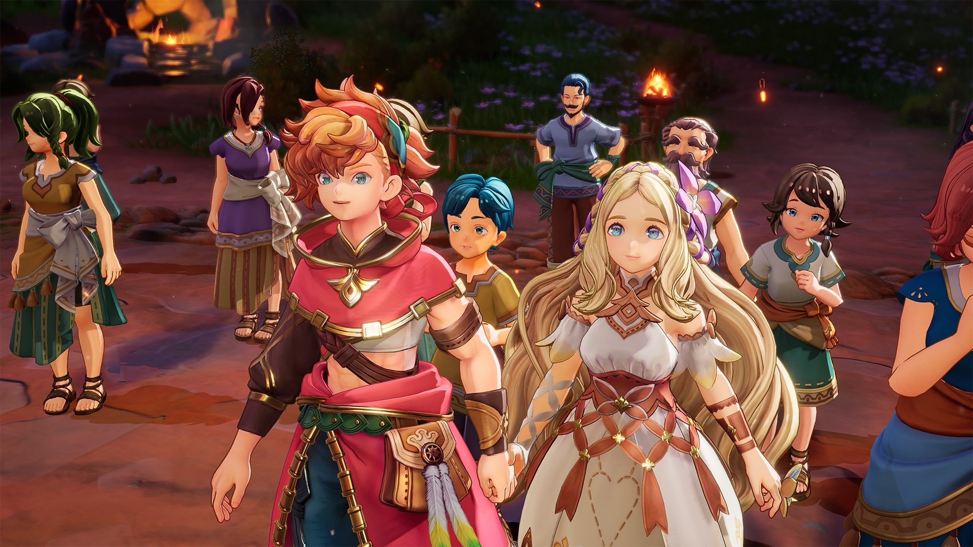 Val and Hinna standing side by side with other characters strewn in the background.