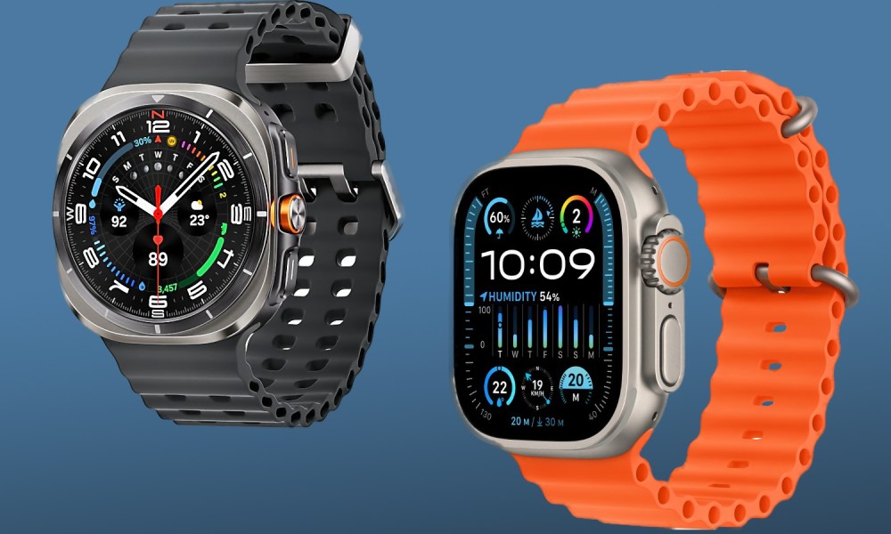 Samsung Galaxy Watch Ultra with black band and Apple Watch Ultra with orange band against a gradient blue background.