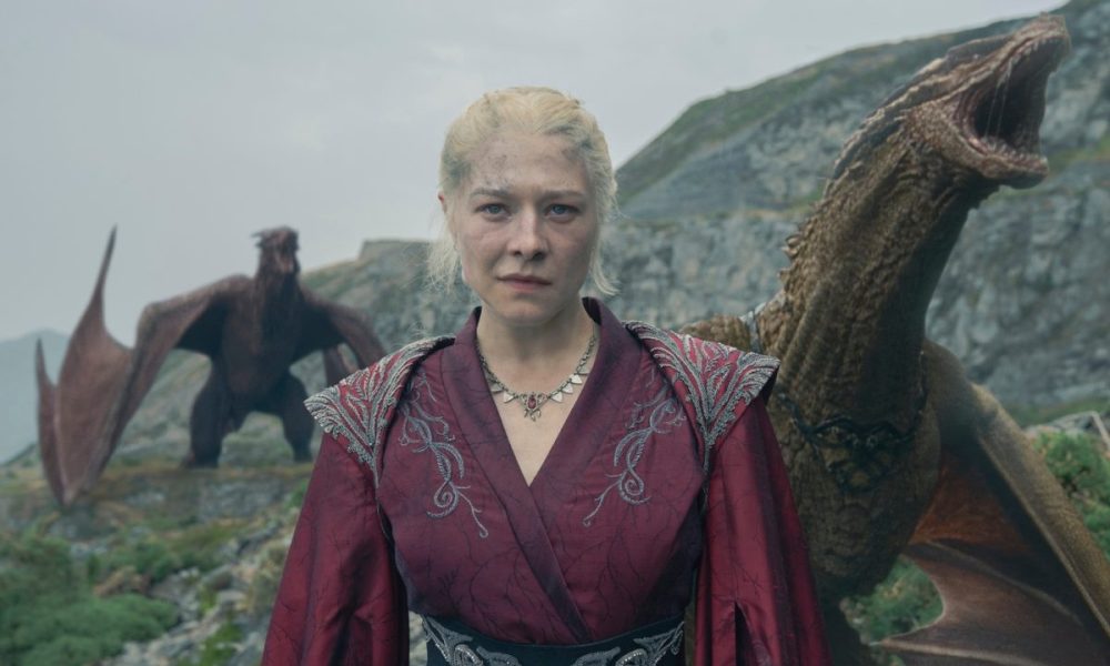 Two dragons roar behind Rhaenyra in "House of the Dragon" season 2.