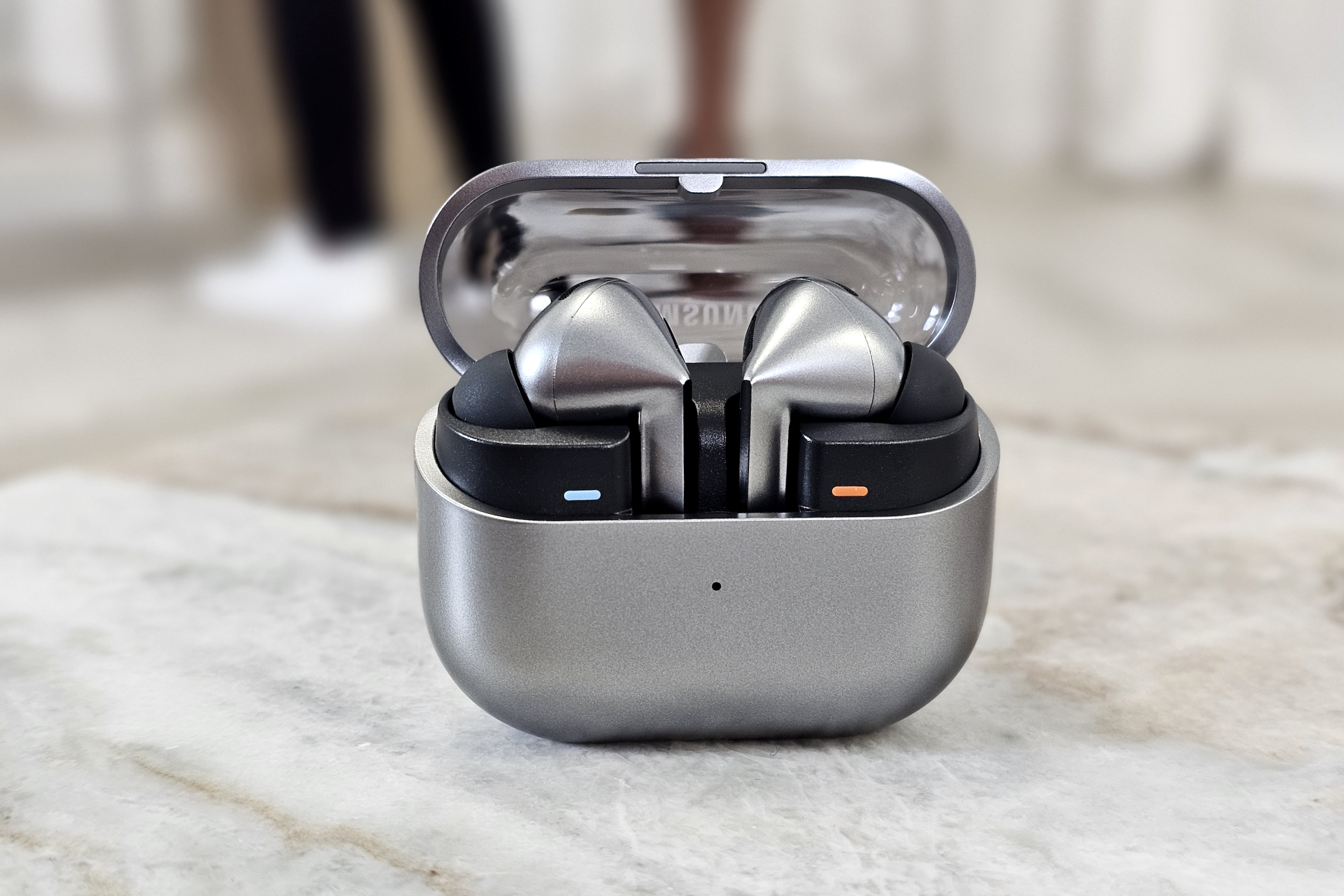 Samsung Galaxy Buds 3 Pro, in case with lid open.