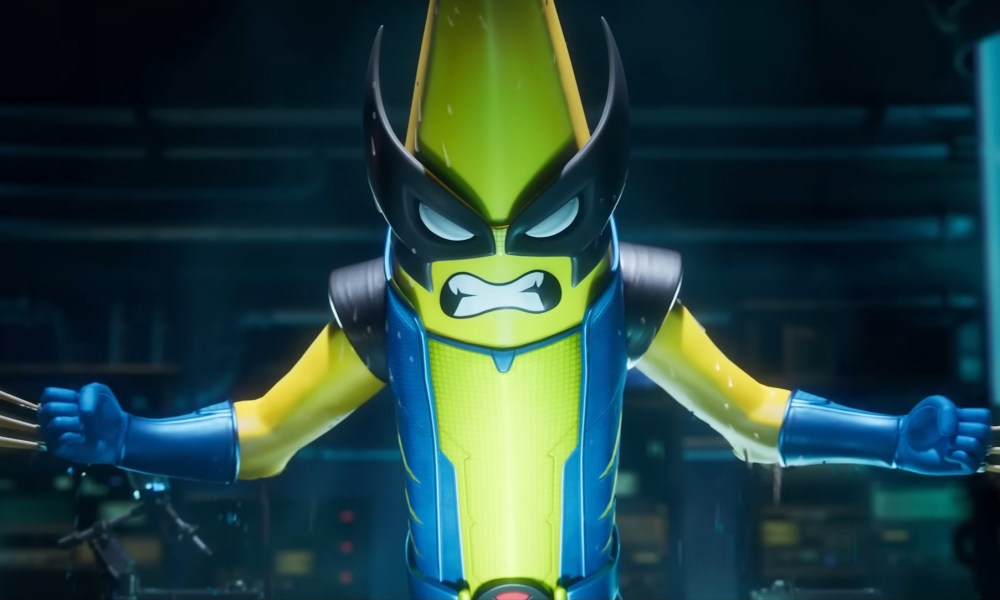 Wolverine in his blue and yellow suit ready to fight with his claws out, except he's Peely from Fortnite