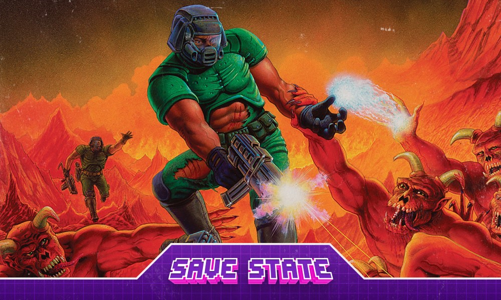 Promotional image for Save State featuring key art for Doom video game.