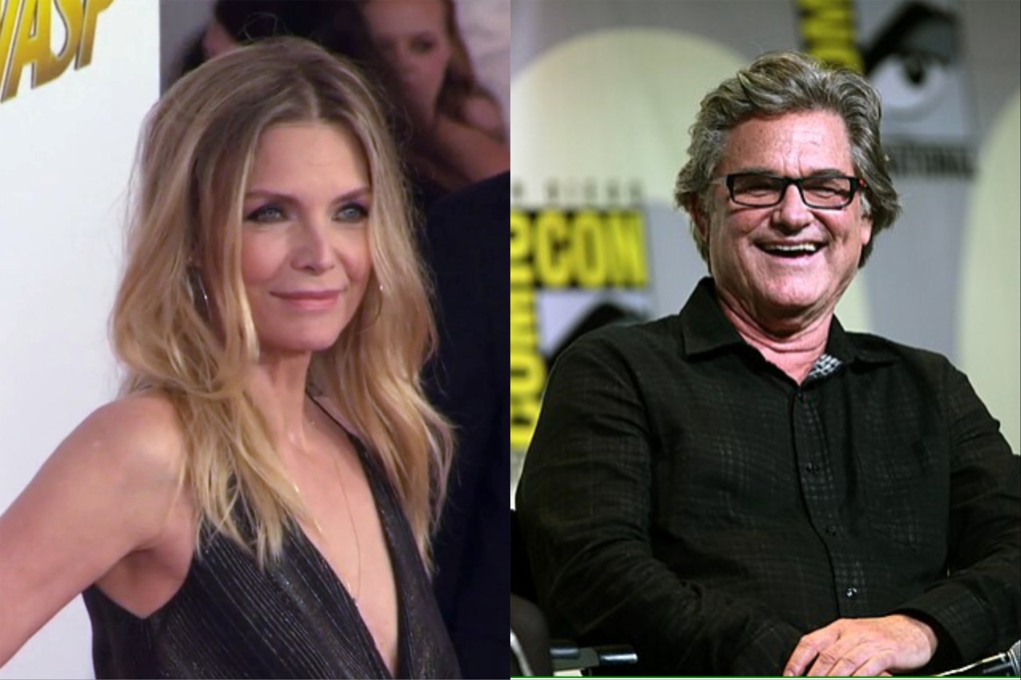 Michelle Pfeiffer smiles on the left while Kurt Russell sits down on the right.