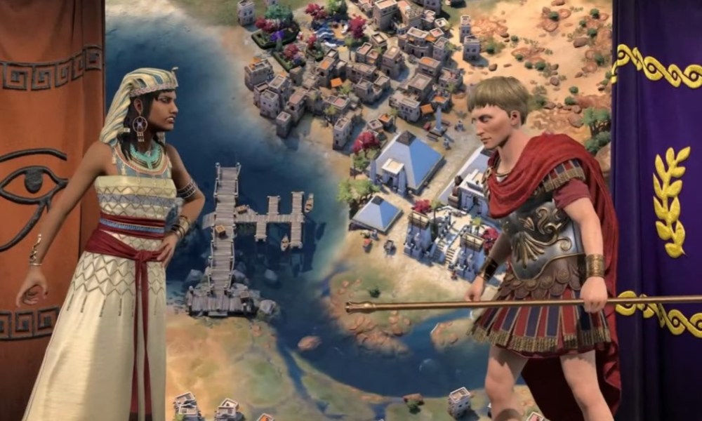 Two world leaders, Cleopatra and Caesar, going up against each other in front of their flags.