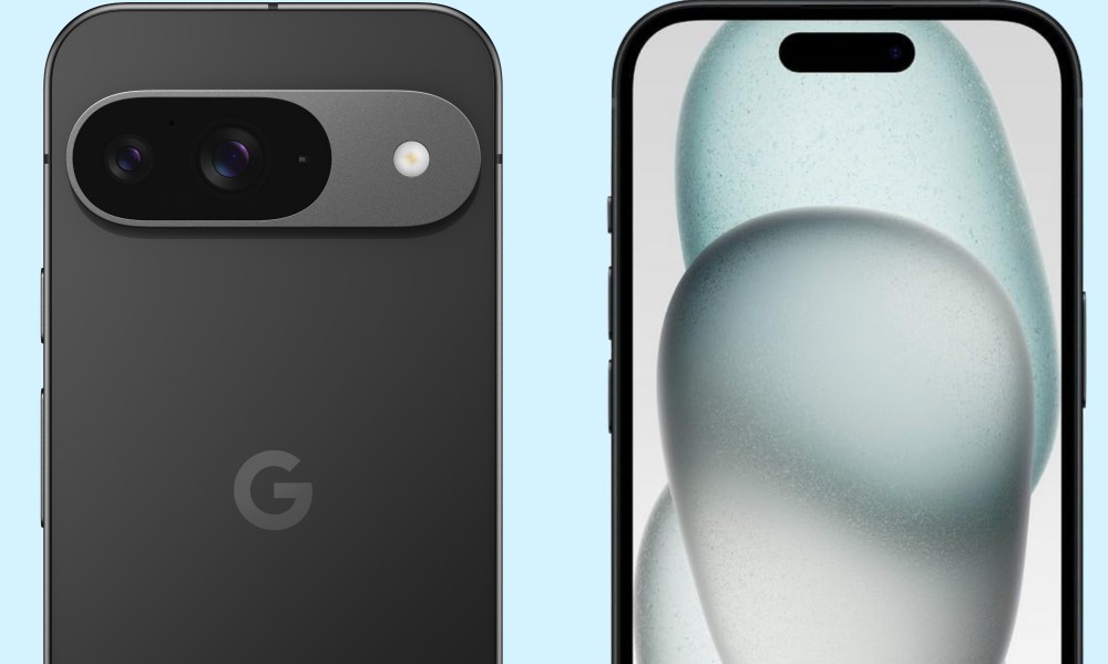 Google Pixel 9 and iPhone 15 renders next to each other.