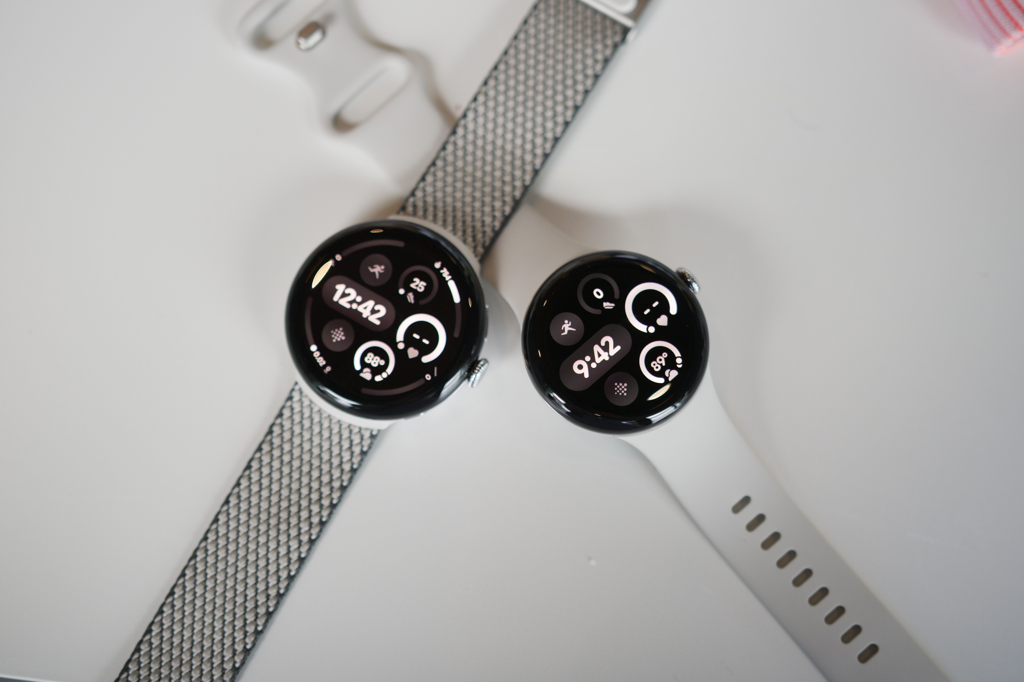 The 45mm and 41mm Google Pixel Watch 3 models next to each other.