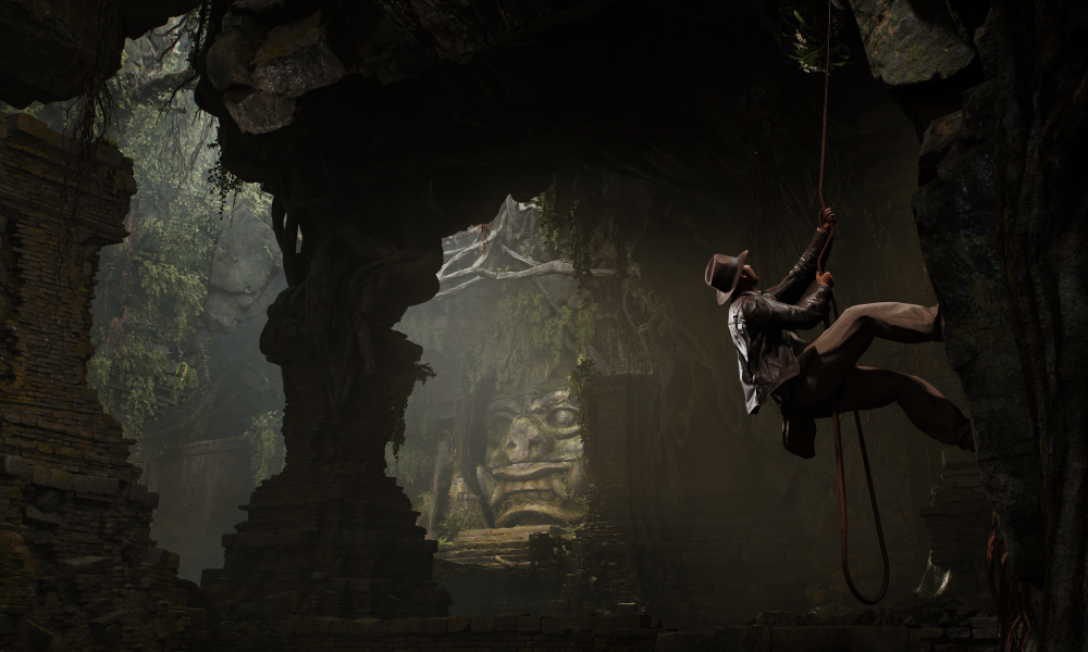 Indiana Jones rappels into a tomb in Indiana Jones and the Great Circle.