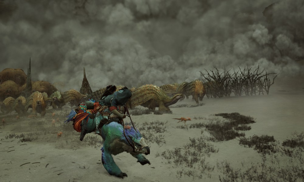 A hunter runs from a dust storm in Monster Hunter Wilds.