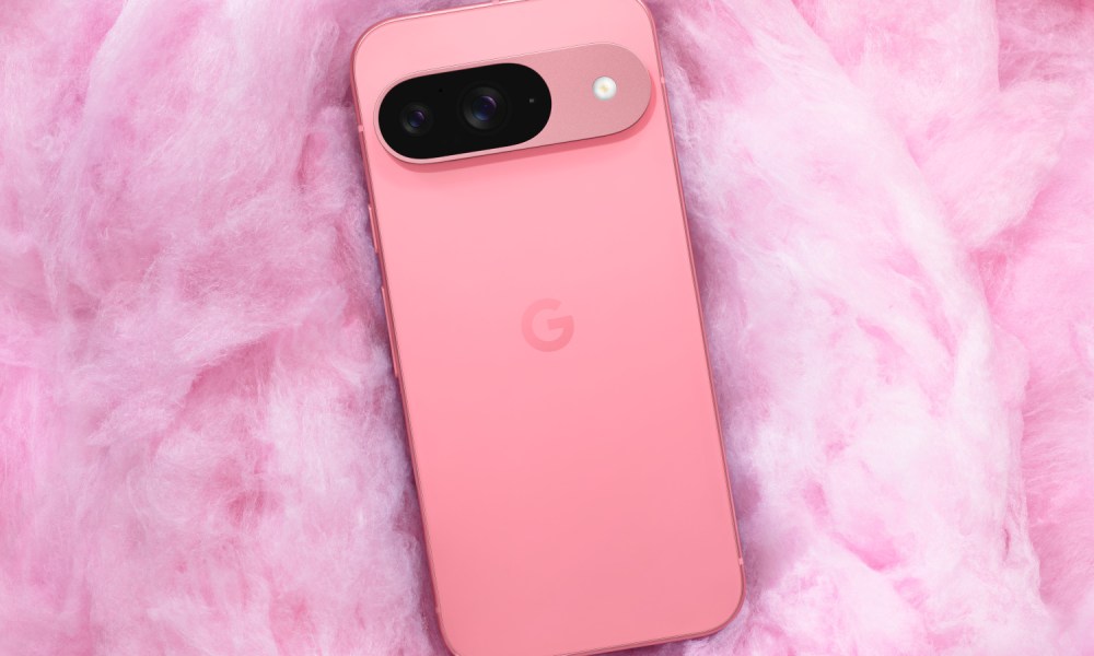 A pink Google Pixel 9 laid on a pink background.