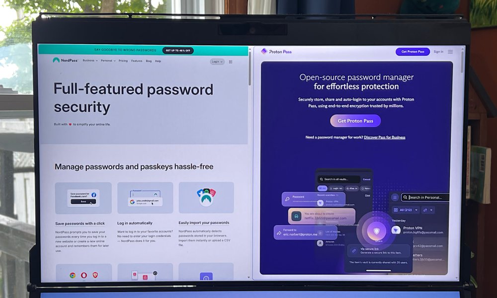 A PC monitor shows NordPass and Proton Pass websites in a split-view.