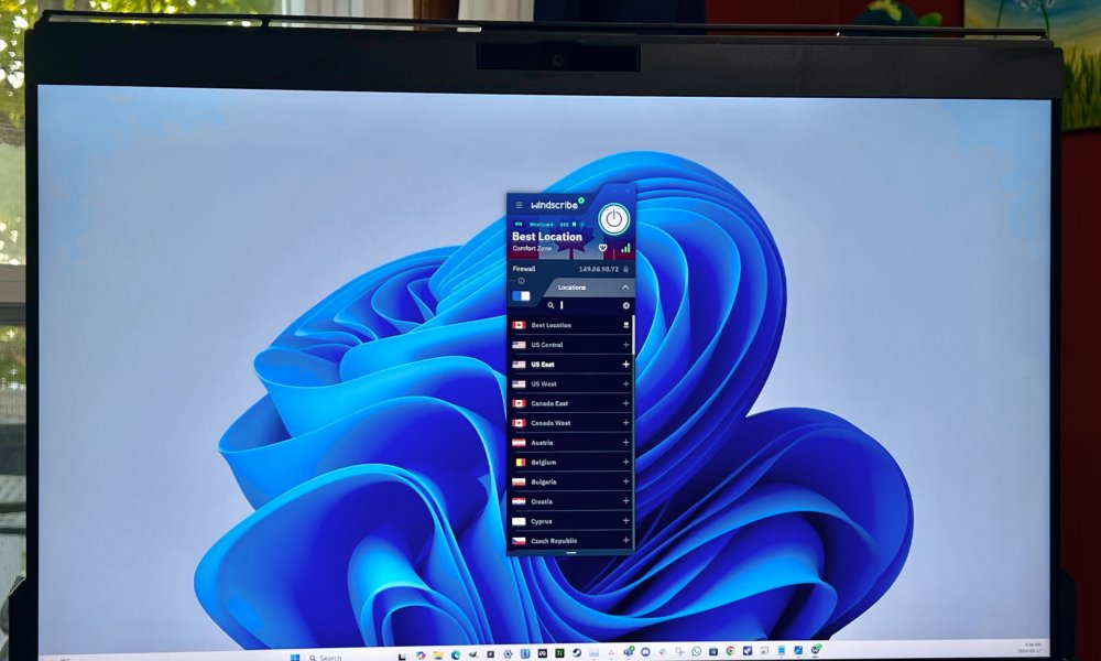 Windscribe VPN's cramped but well-designed Windows app is open on a PC monitor.