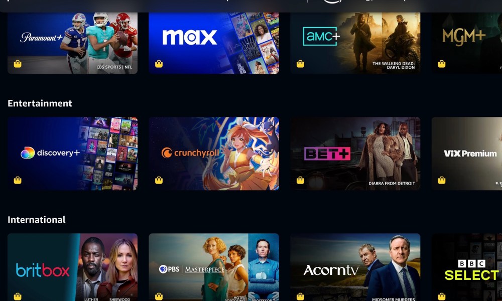 A screen of available channels in Prime Video.