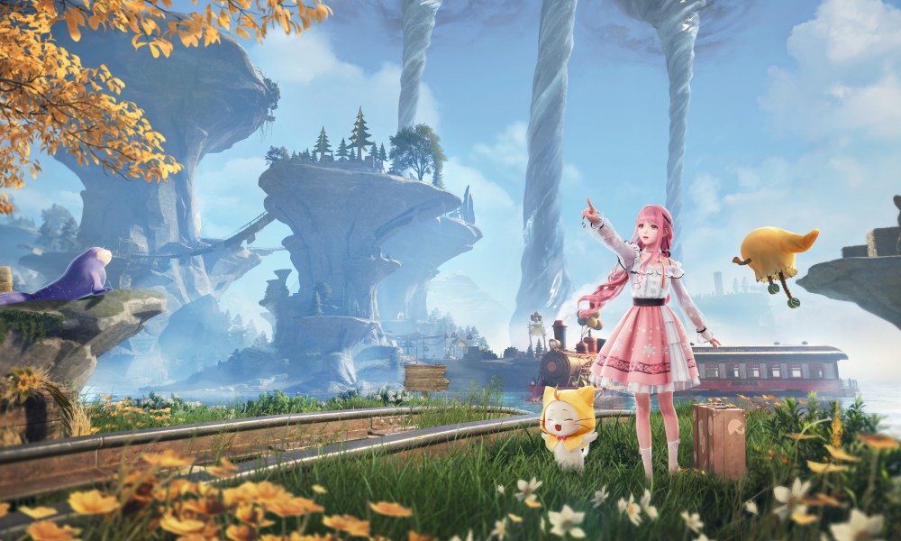 girl with pink hair and cat mascot pointing to sky