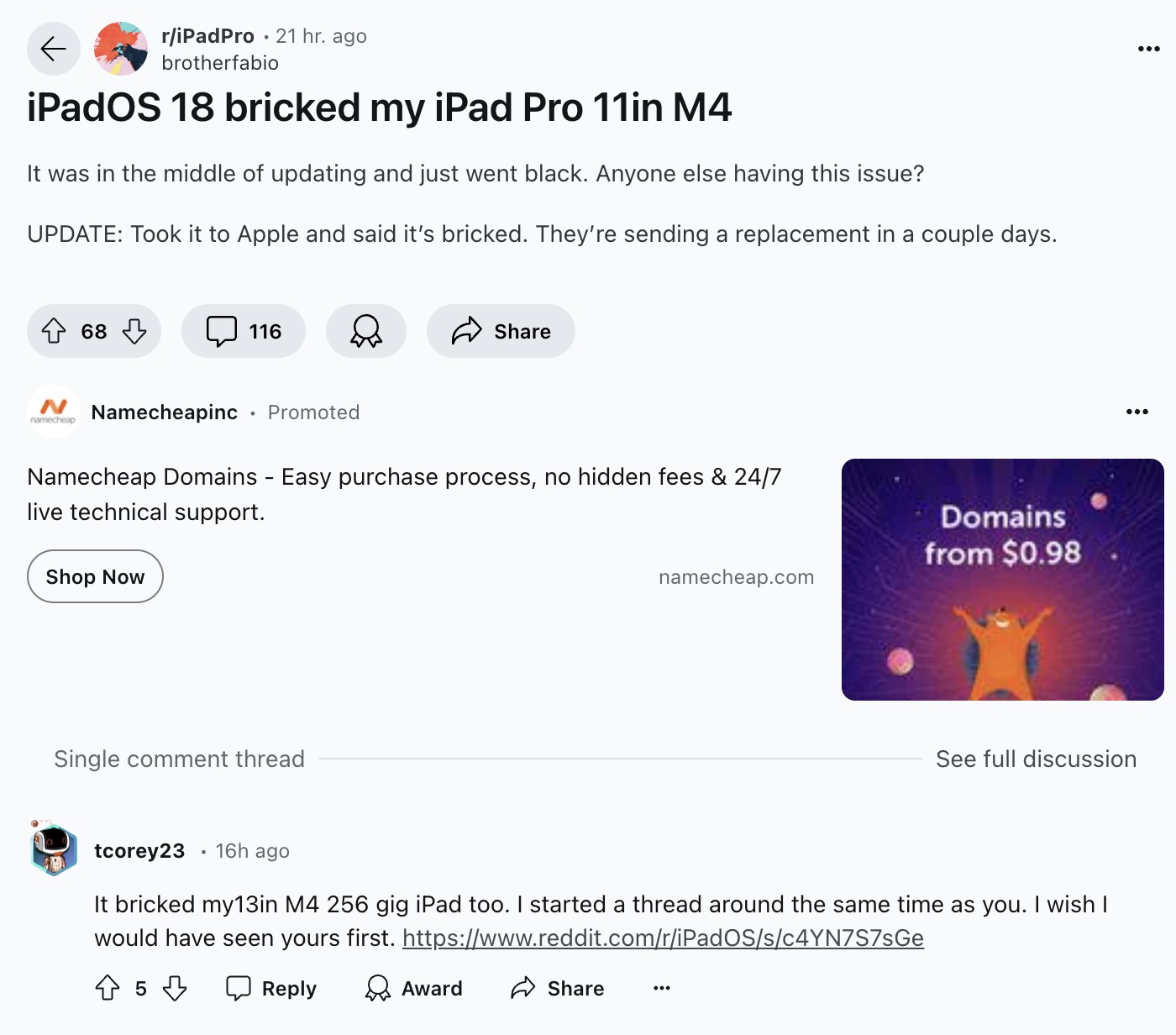 First user report of iPad Pro M4 bricked after iPadOS 18 update.