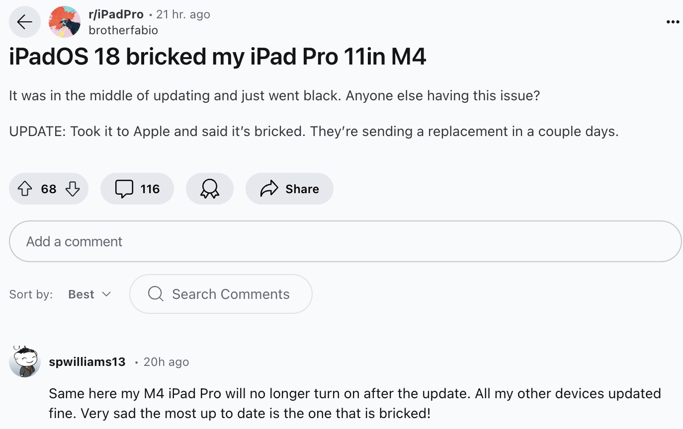 Second user report of iPad Pro M4 bricked after iPadOS 18 update.