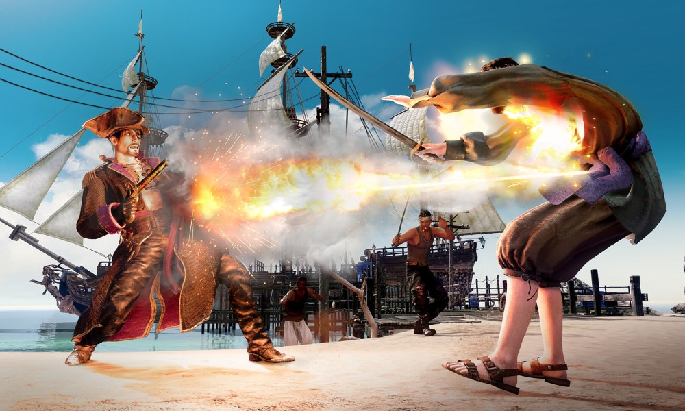 Majima shooting a pirate with flintlock pistols in Like a Dragon: Pirate Yakuza in Hawaii.