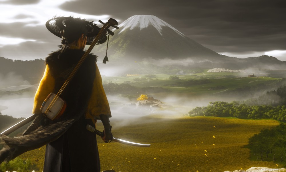 A samurai stares at a mountain.