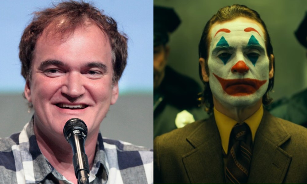 Quentin Tarantino smiles on the right while the Joker stands on the right.