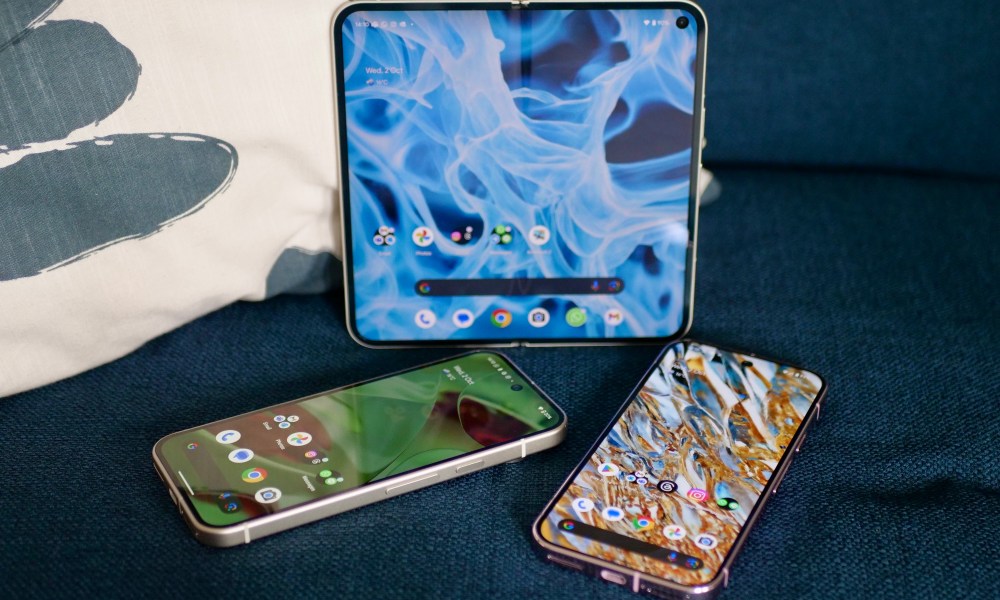 The Google Pixel 9 Pro Fold, Pixel 9 Pro, and Pixel 9's screens.