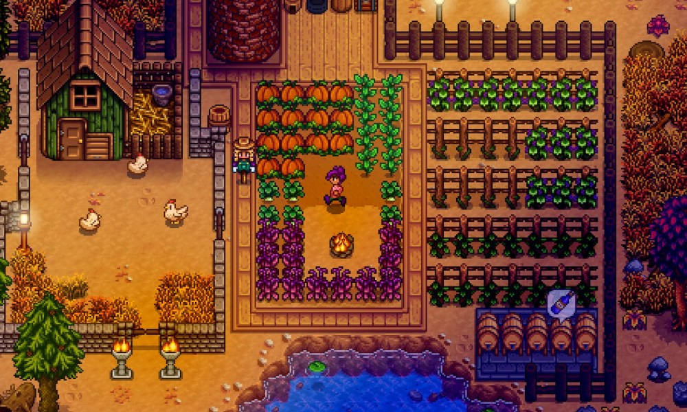 Stardew Valley farm overview at night.