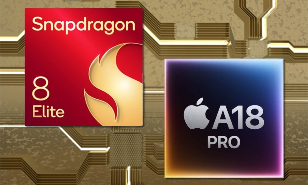 Qualcomm Snapdragon 8 Elite and Apple A18 Pro graphics against circuit background.