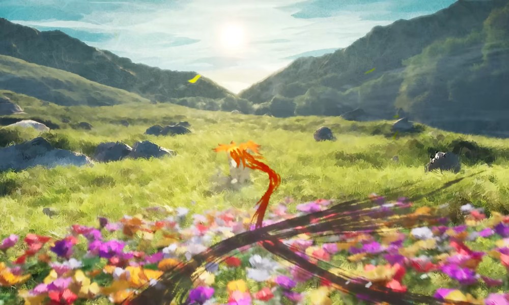 The Okami 2 wolf in a flowery field.