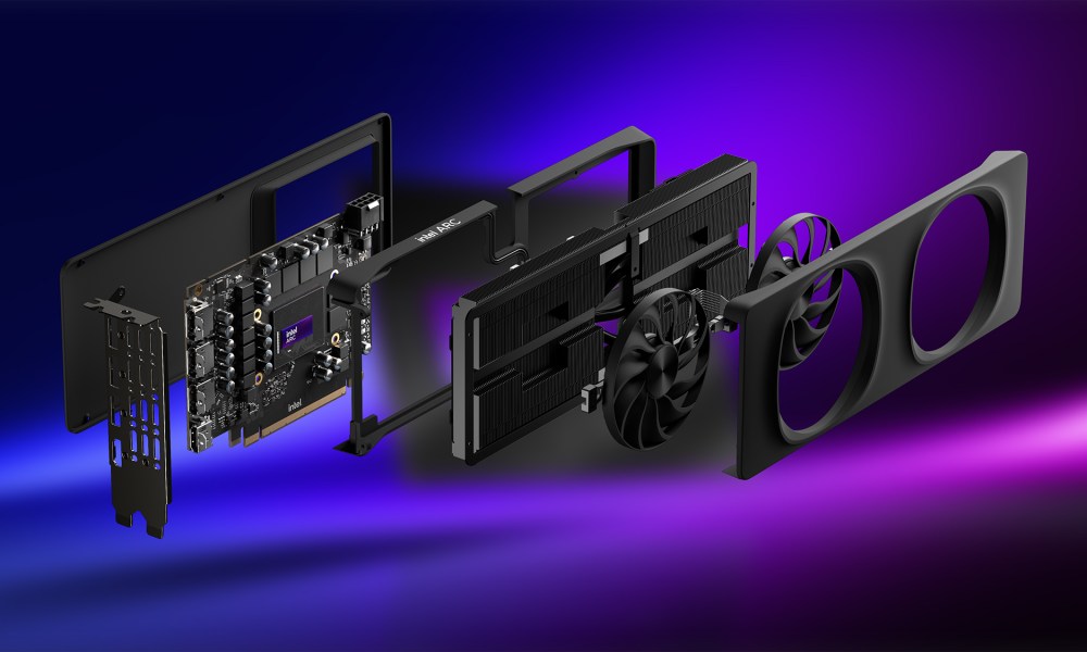 An exploded view of Intel's Arc A580 GPU.