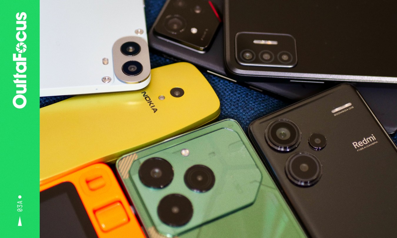 Promotional image for OuttaFocus. Photo of a collection of smartphone cameras.