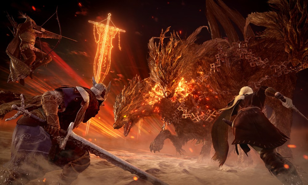 Three soldiers fighting a fire monster in Elden Ring Nightreign.