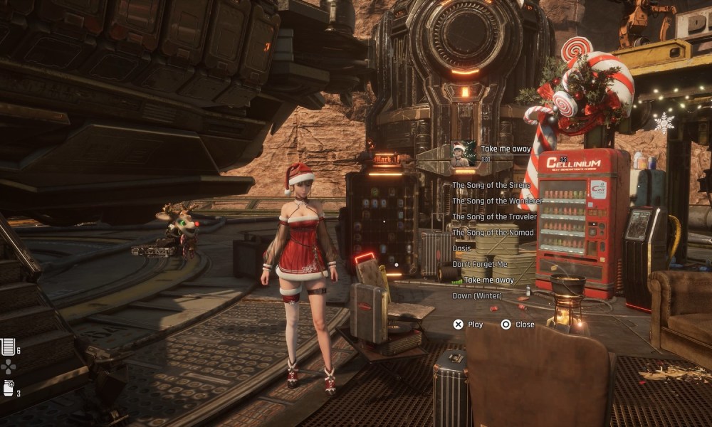 A screenshot from Stellar Blade showing the new Christmas outfit and holiday song choices.