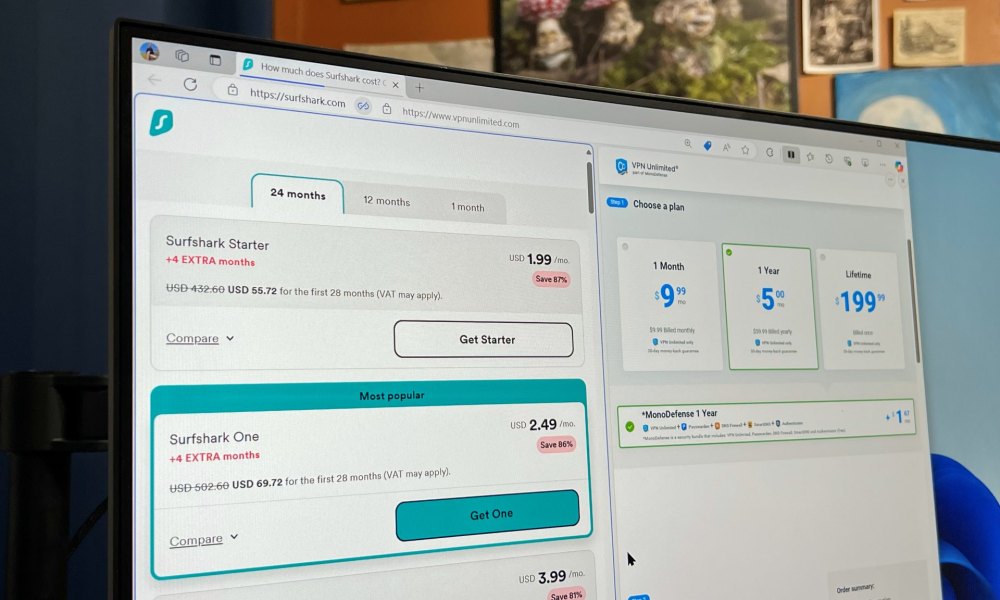 Surfshark and VPN Unlimited prices appear in a split-screen on a PC monitor.