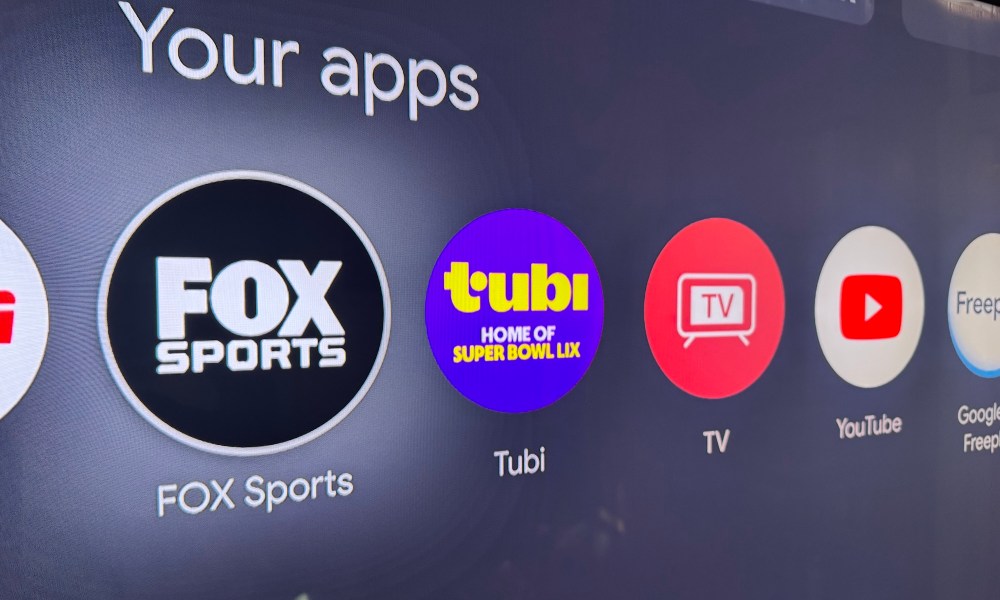 A TV displaying the Fox Sports, Tubi, TV, and YouTube apps.