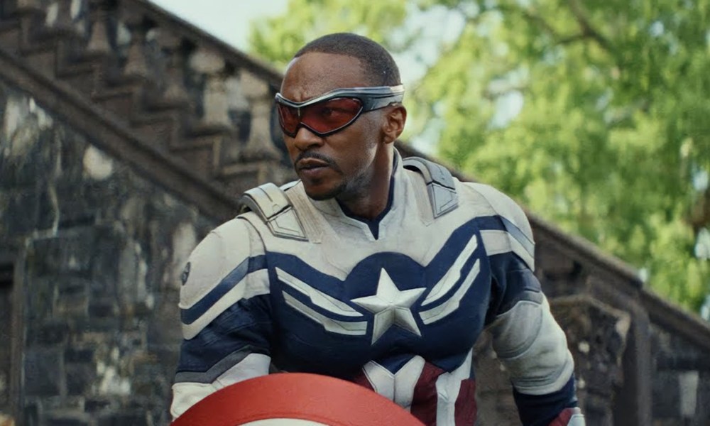 Anthony Mackie poses dramatically as Captain America in a still from the movie "Captain America: Brave New World."