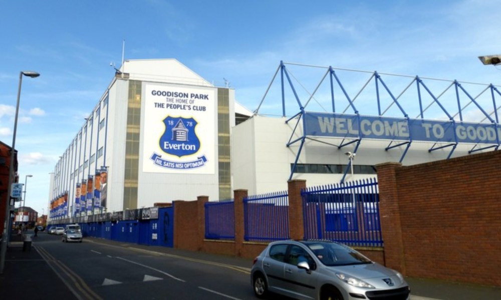 An aerial view of Goodison Park where Everton plays.