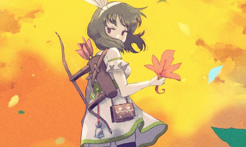 A young girl in a white dress looks back. She carries a bag and a bow on her back while holding an orange leaf in her hand.