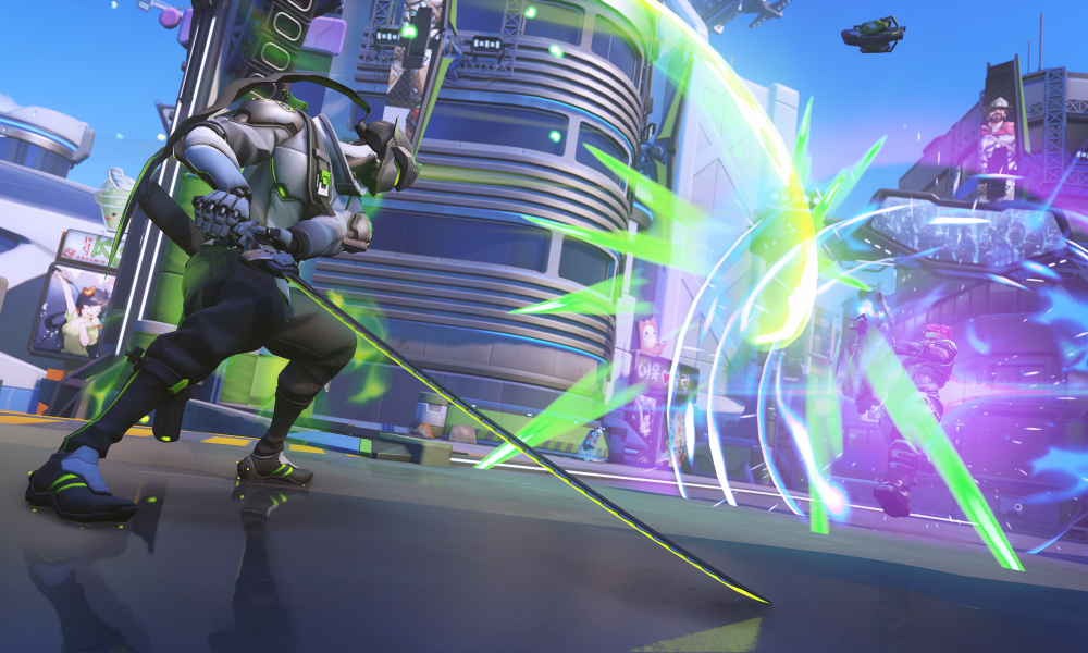 Genji slashes an enemy in Overwatch 2.