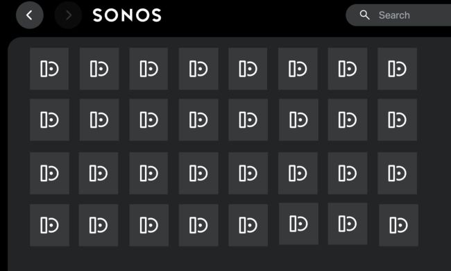 Mockup of the Sonos web app with a grid of generic album icons.